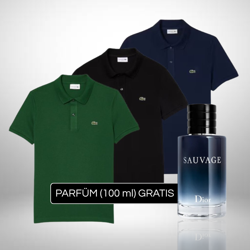 Set 3 Poloshirts Lacoste + Perfume Sauvage Dior (100ml) Gratis