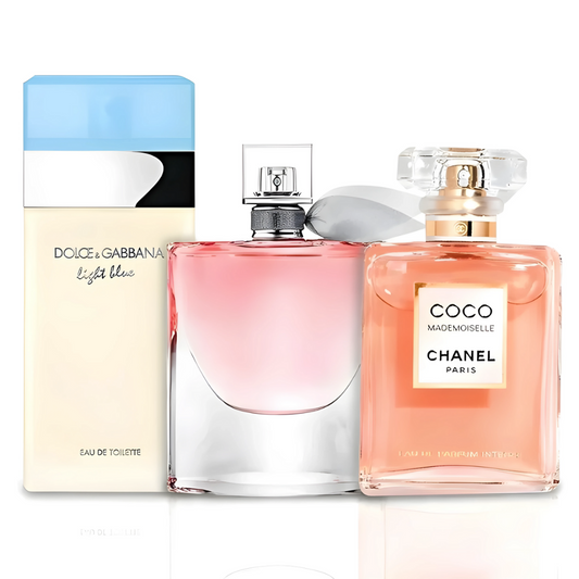 Combo aus 3 Damenparfums – La Vie Est Belle von Lancôme, Mademoiselle von Chanel und Light Blue von Dolce & Gabbana