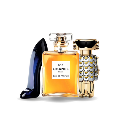 Combo aus 3 Damenparfums – Good Girl von Carolina Herrera, Nº5 von Chanel und Fame von Paco Rabanne