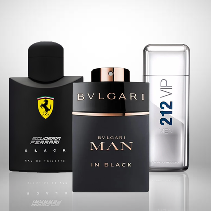 Combo aus 3 Herrenparfums – 212 VIP Men, Ferrari Black und Bvlgari In Black