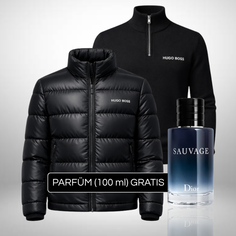HUGO BOSS Set: Puffer-Jacke + Rollkragenpullover aus Wolle + Perfume Sauvage Dior (100ml) Gratis