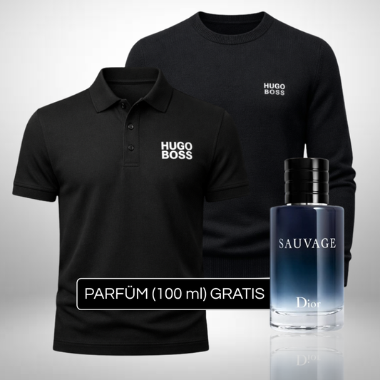 HUGO BOSS Set: Polo-Shirt + Pullover + Perfume Sauvage Dior (100ml) Gratis