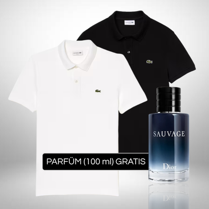 Lacoste Set: 2 Polo-Shirts + Perfume Sauvage Dior (100ml) Gratis
