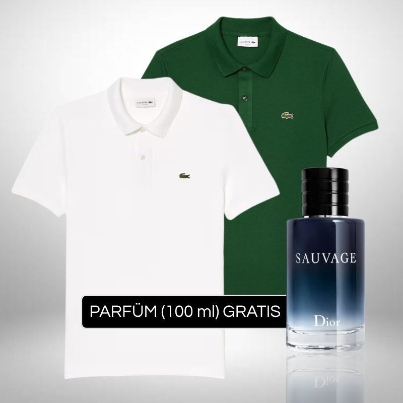 Lacoste Set: 2 Polo-Shirts + Perfume Sauvage Dior (100ml) Gratis