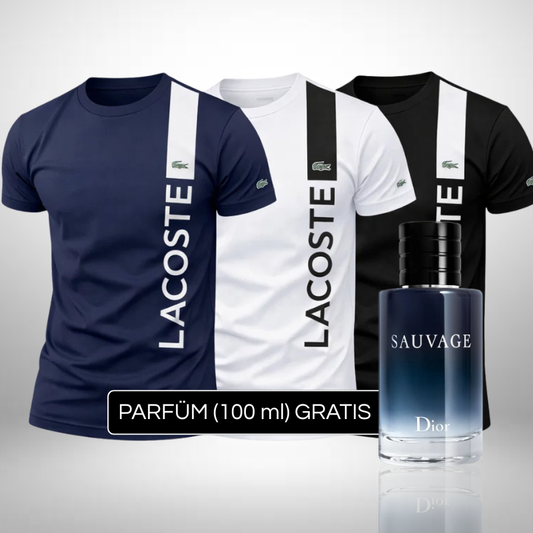 Set 3 Herren T-Shirts Lacoste + Perfume Sauvage Dior (100ml) Gratis