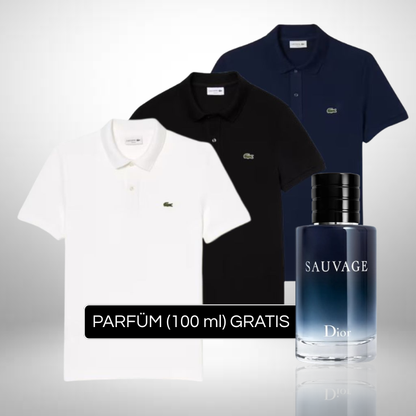 Set 3 Poloshirts Lacoste + Perfume Sauvage Dior (100ml) Gratis