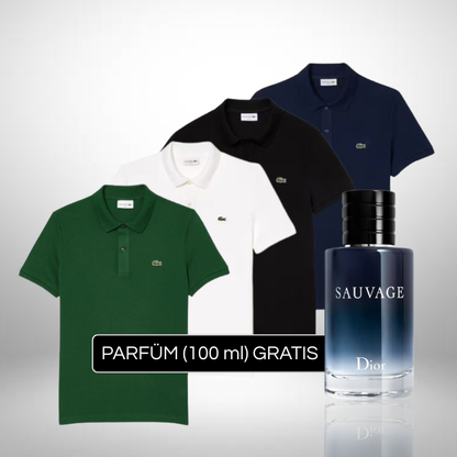 Set 4 Poloshirts Lacoste + Perfume Sauvage Dior (100ml) Gratis
