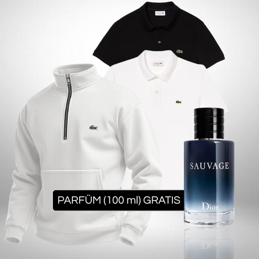 Set Lacoste – 1 Pullover & 2 Poloshirts + Perfume Sauvage Dior (100ml) Gratis