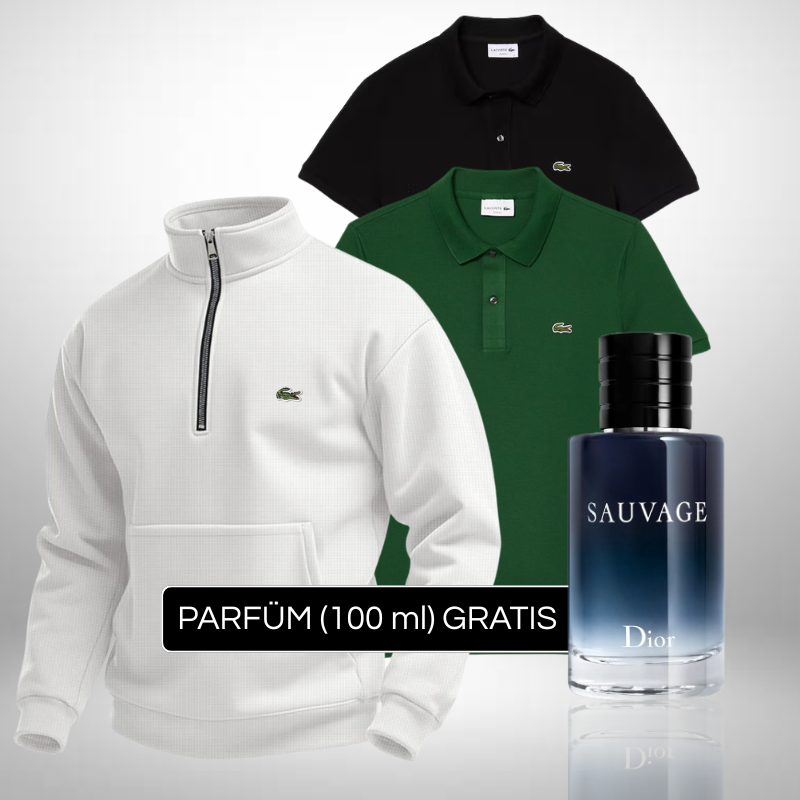 Set Lacoste – 1 Pullover & 2 Poloshirts + Perfume Sauvage Dior (100ml) Gratis