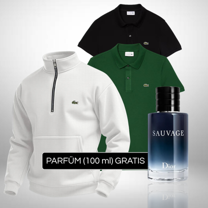 Set Lacoste – 1 Pullover & 2 Poloshirts + Perfume Sauvage Dior (100ml) Gratis