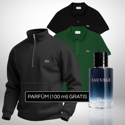 Set Lacoste – 1 Pullover & 2 Poloshirts + Perfume Sauvage Dior (100ml) Gratis