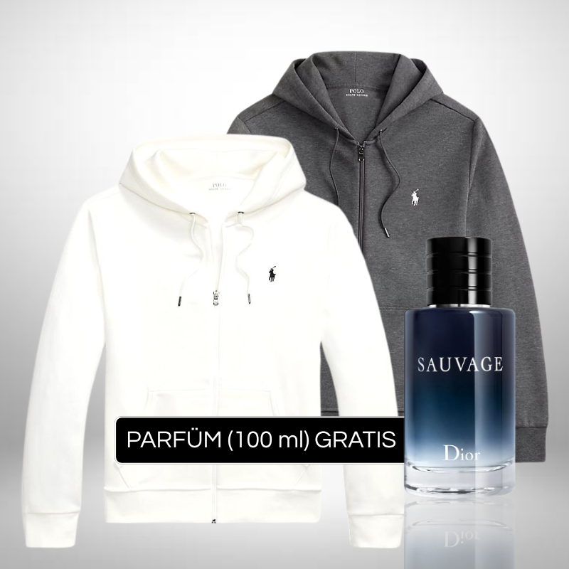 Set 2 Ralph Lauren Hoodies mit Reißverschluss und Kapuze + Perfume Sauvage Dior (100ml) Gratis