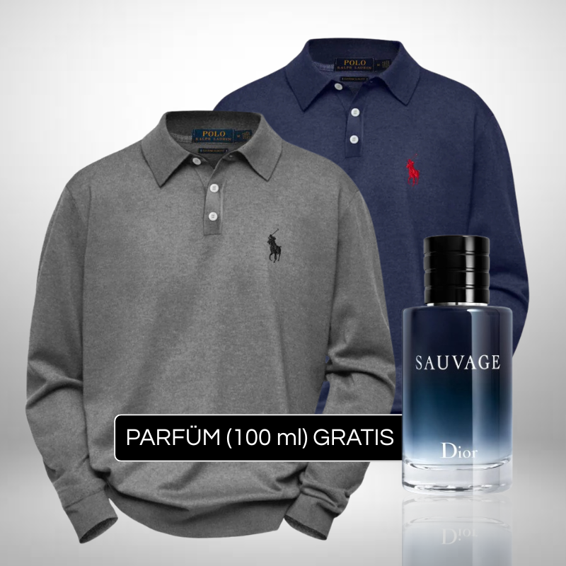 Set 2 Ralph Lauren Poloshirts mit Langarm + Perfume Sauvage Dior (100ml) Gratis