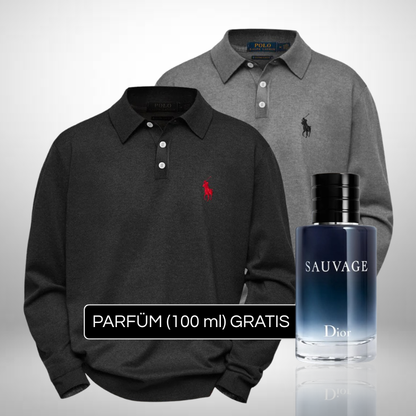 Set 2 Ralph Lauren Poloshirts mit Langarm + Perfume Sauvage Dior (100ml) Gratis