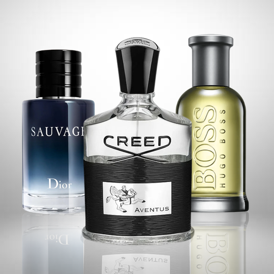Combo aus 3 Herrenparfums – Creed Aventus, Dior Sauvage und Hugo Boss Bottled
