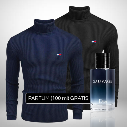 Tommy Hilfiger – Set 2 Rollkragenpullover aus hochwertigem Strick + Perfume Sauvage Dior (100ml) Gratis