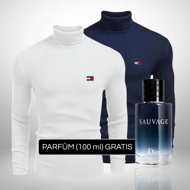 Tommy Hilfiger – Set 2 Rollkragenpullover aus hochwertigem Strick + Perfume Sauvage Dior (100ml) Gratis