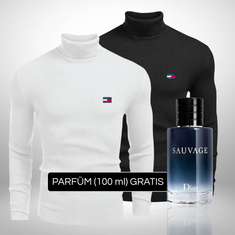 Tommy Hilfiger – Set 2 Rollkragenpullover aus hochwertigem Strick + Perfume Sauvage Dior (100ml) Gratis