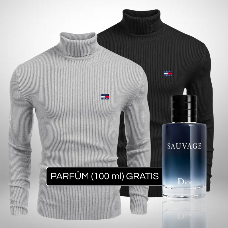 Tommy Hilfiger – Set 2 Rollkragenpullover aus hochwertigem Strick + Perfume Sauvage Dior (100ml) Gratis