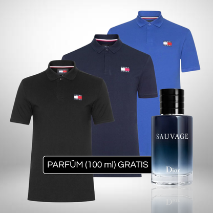 Set 3 Poloshirts Tommy Hilfiger + Perfume Sauvage Dior (100ml) Gratis
